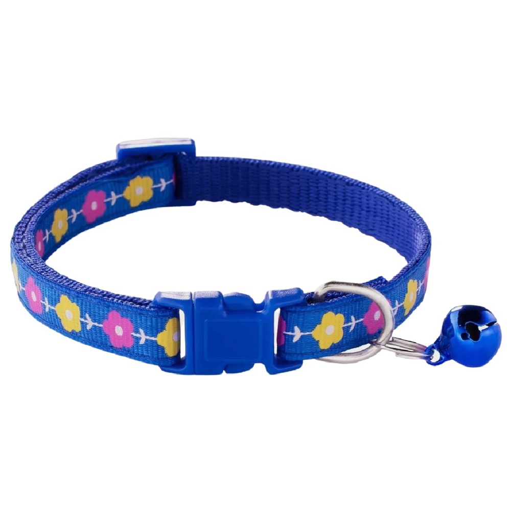 Blue Floral Print Adjustable Kitty Cat or Puppy Dog Breakaway Collar W/ Bell